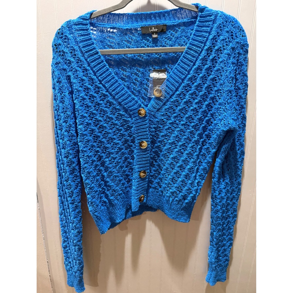 Lulus Blue Pointelle Knit Cropped Cardigan Sweater V-Neck Button Front Small